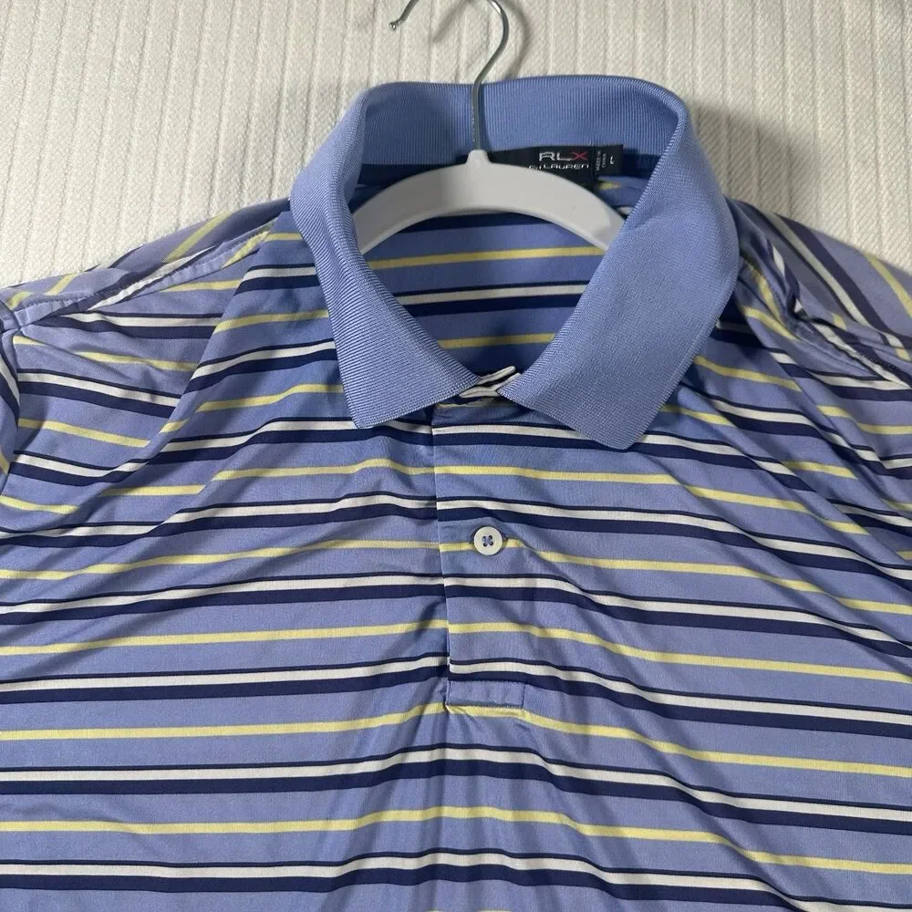 Ralph Lauren RLX Performance Polo Men's Large Blue & Yellow Stripe Golf Wicking